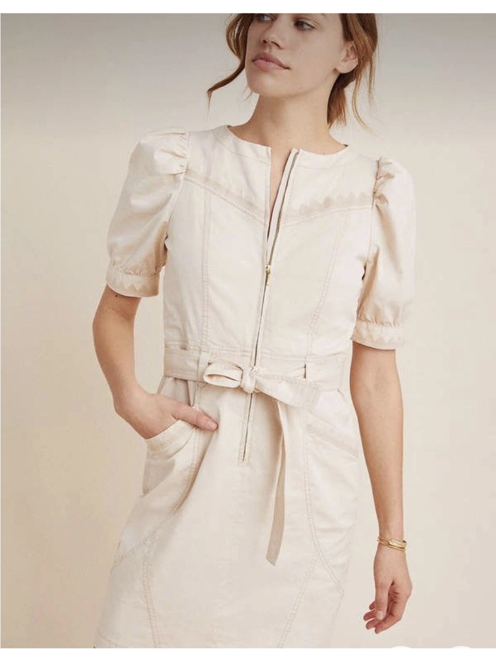 Anthropologie Cream Zip-Front Mini Dress with Puff Sleeves - Picture 1 of 11